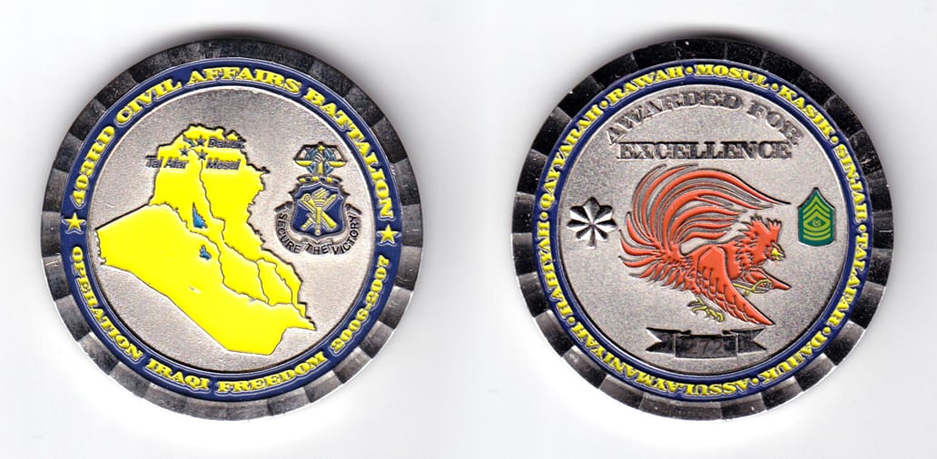 Round shaped coin, pewter in color, 2 inches in diameter.