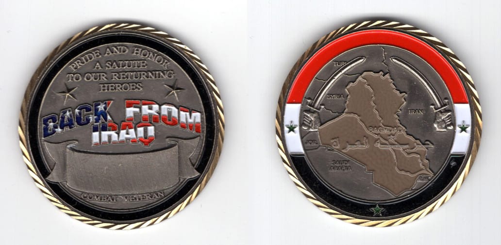 Round shaped coin, pewter in color, 2 inches in diameter.