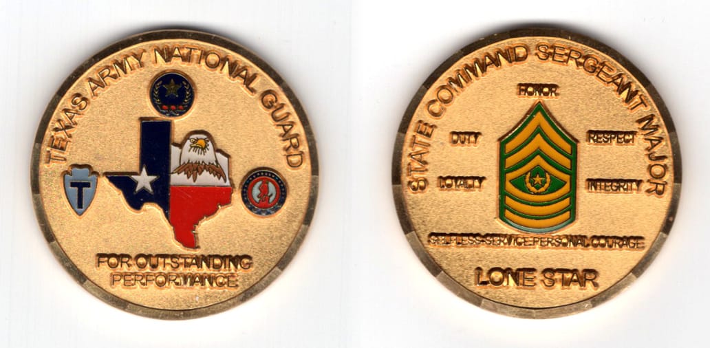 Round shaped coin, brass in color, 1 3/4 inches in diameter.