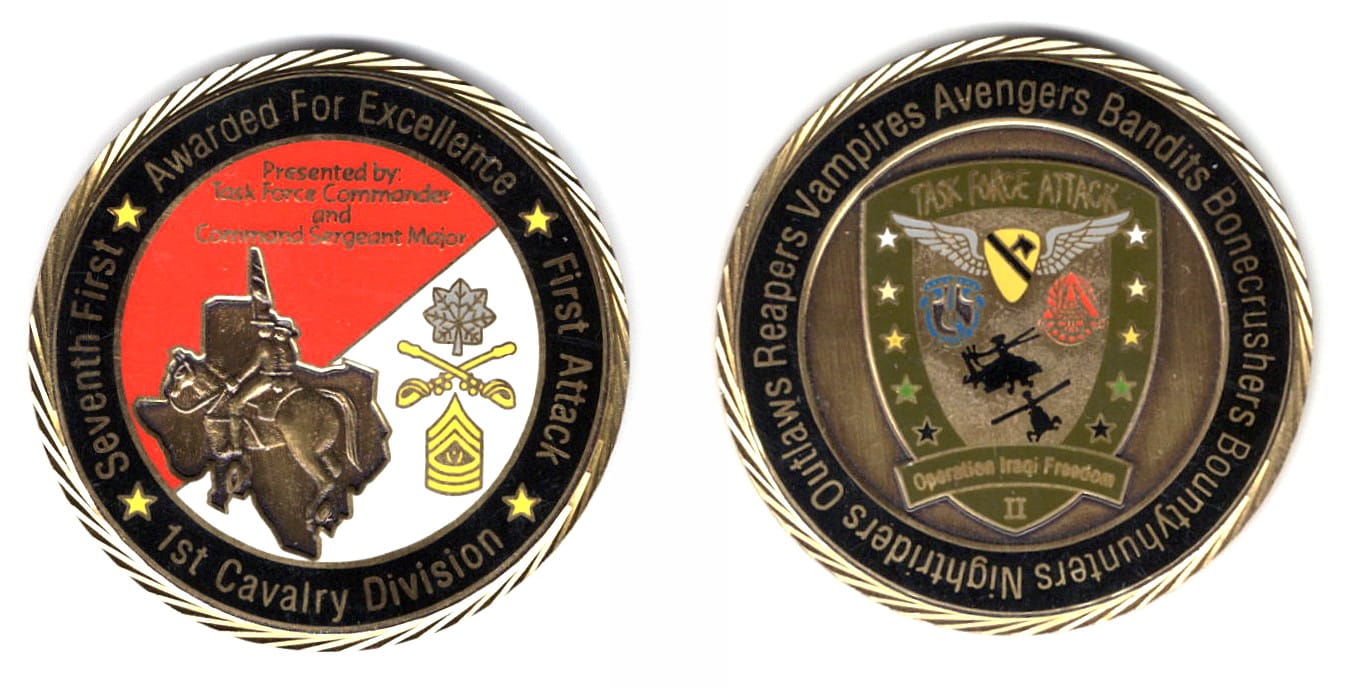 Round shaped coin, brass in color, 2 inches in diameter.