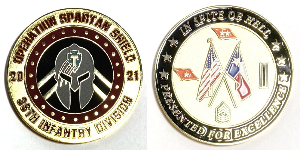 Round shaped coin, brass in color, 3 inches in diameter