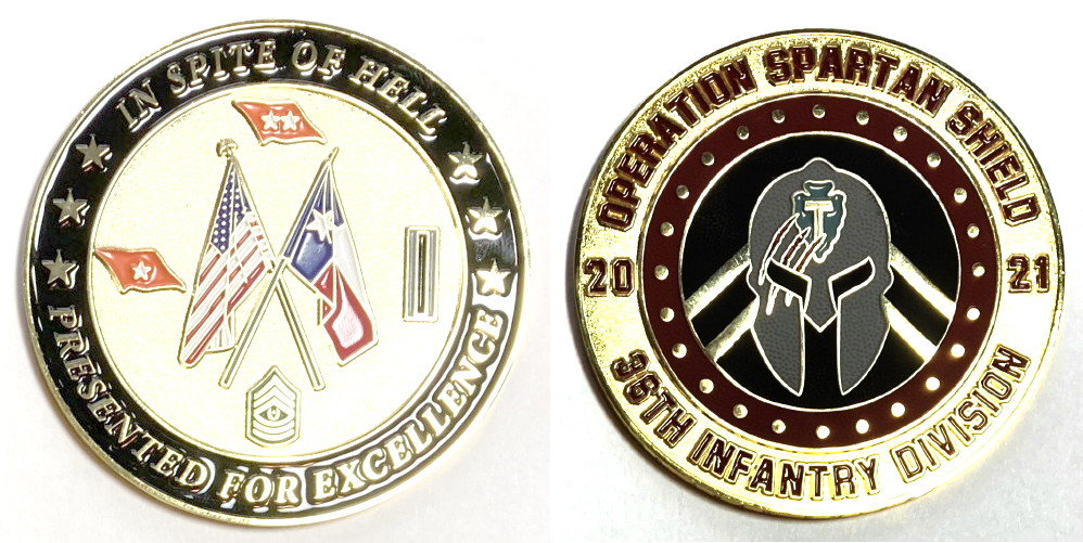 Round shaped coin, brass in color, 3 inches in diameter