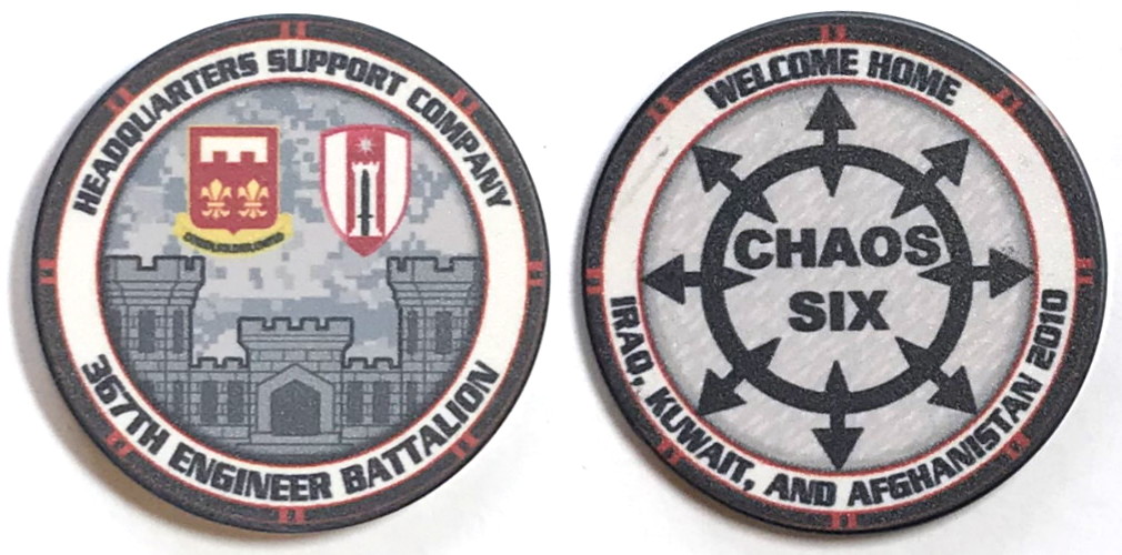 Round shaped poker chip, 1.75 inches in diameter, black and white in color.