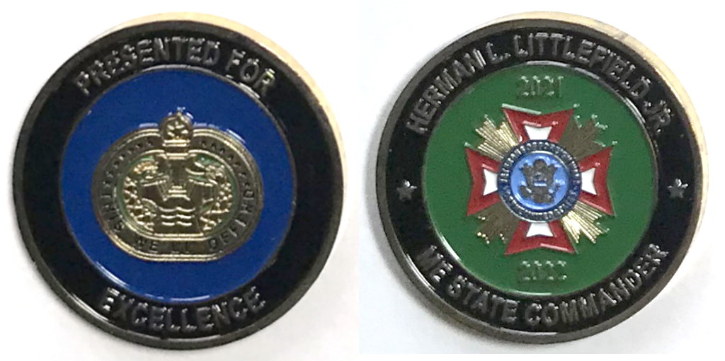 Round shaped coin, 1.5 inches in diameter, brass in color.